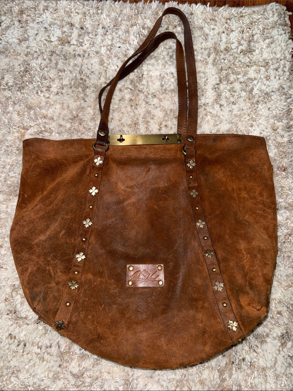 Patricia Nash Cognac Siede Leather Signature soft lining Studded Tote